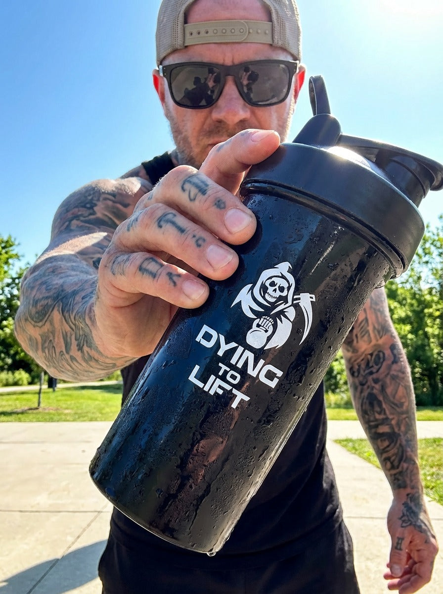 Dying to Lift Black Shaker Cup + Free bag (White Logo)
